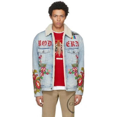 Gucci Denim Shearling Embroidered 'modern Future' Jacket In Light Blue | ModeSens