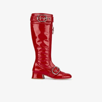 Shop Miu Miu Red Patent Leather Zipper Knee Boots