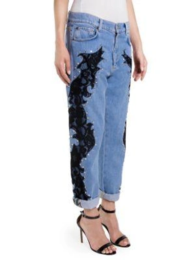 Shop Moschino Lace Embroidered Jeans In Denim