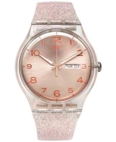 Shop Swatch Women's Swiss Pink Glistar Pink Glitter Semi-transparent Silicone Strap Watch 41mm Suok703