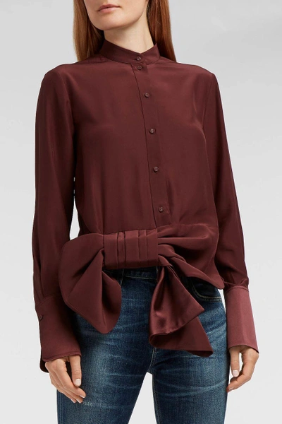 Shop Victoria Victoria Beckham Asymmetric Tux Bow Silk Satin Shirt
