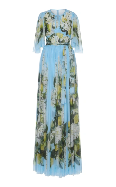 Shop Dolce & Gabbana Belted Floral Silk Gown In Blue