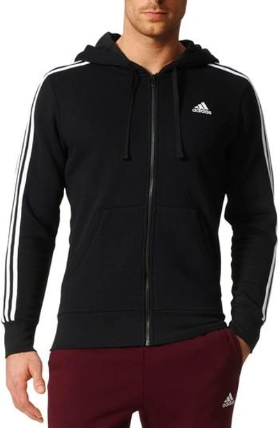 Shop Adidas Originals Essentials 3s Brushed Fleece Zip Hoodie In Black / White