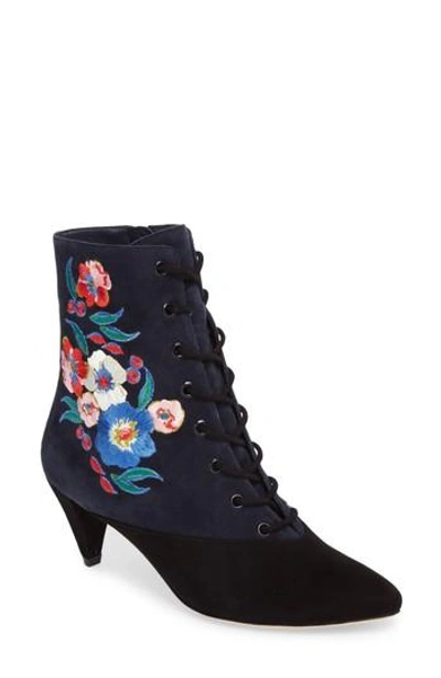 Shop Tory Burch Cassidy Floral Embroidery Pointy Toe Boot In Black/ Battleship Blue