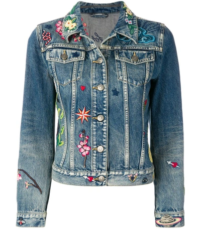 Shop Gucci Blue Embroidered Denim Jacket