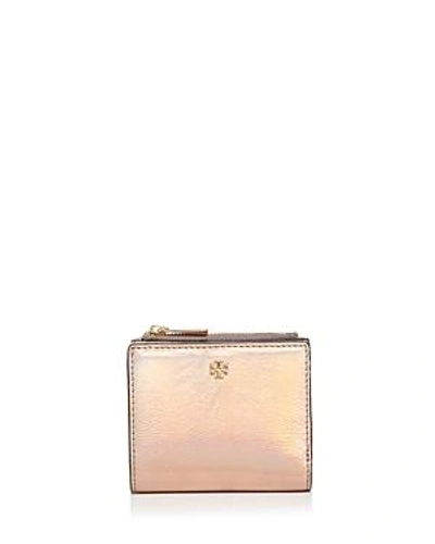 Shop Tory Burch Robinson Metallic Mini Leather Wallet In Pink Opal/gold