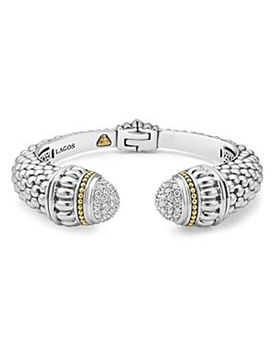 Shop Lagos 18k Gold And Sterling Silver Caviar And Diamonds Cuff Bracelet, 14mm In White/silver