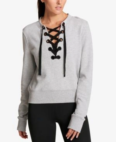 Shop Dkny Sport Cotton Lace-up French Terry Sweatshirt In Smoke Heather