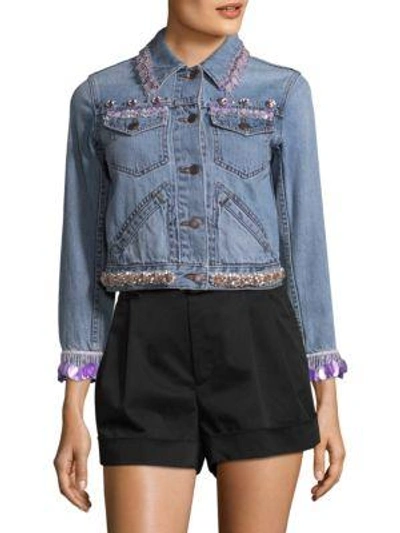 Shop Marc Jacobs Shrunken Embellished Cropped Denim Jacket In Lilac