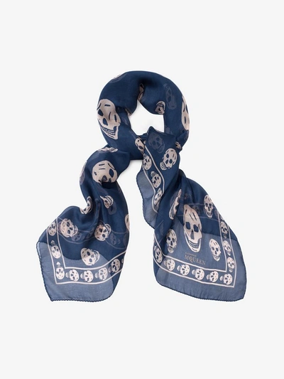 Shop Alexander Mcqueen Classic Silk Chiffon Skull Scarf In Navy/ivory