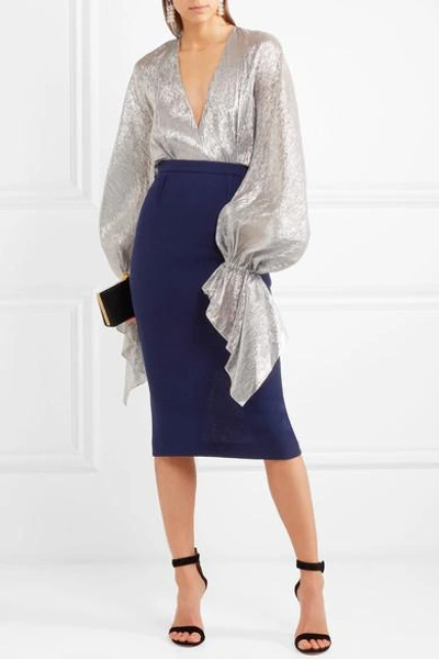 Shop Roland Mouret Arreton Wool-crepe Midi Skirt In Navy