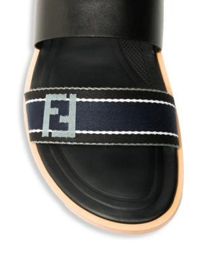 Shop Fendi Double Strap Leather Slide Sandals In Black Blue