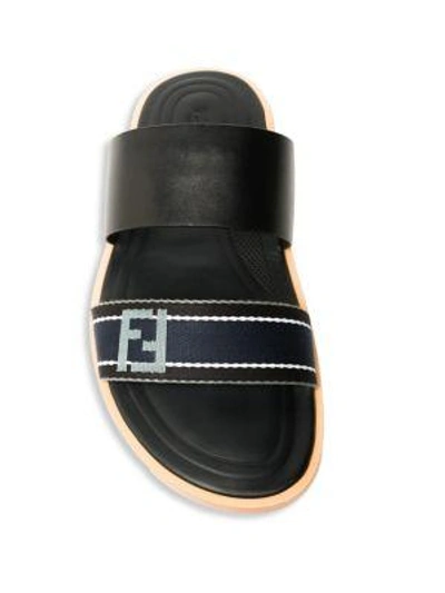 Shop Fendi Double Strap Leather Slide Sandals In Black Blue