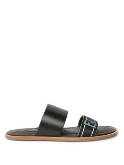 Shop Fendi Double Strap Leather Slide Sandals In Black Blue