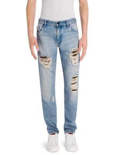 Shop Fendi Men's Logo Underlay Distressed Skinny-fit Jeans In Indaco
