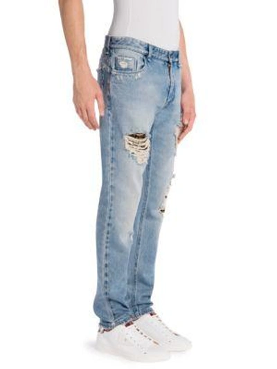 Shop Fendi Men's Logo Underlay Distressed Skinny-fit Jeans In Indaco