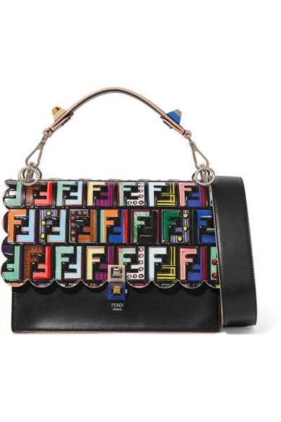 Shop Fendi Kan I Embossed Printed Leather Shoulder Bag In Black