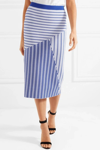 Shop Rebecca Vallance Corsica Striped Stretch-knit Midi Skirt In Navy