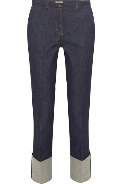 Shop Bottega Veneta Leather-trimmed Cropped High-rise Straight-leg Jeans In Mid Denim