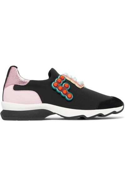 Shop Fendi Logo-embellished Leather And Suede-trimmed Neoprene Sneakers In Black