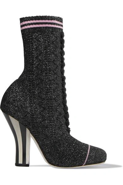 Shop Fendi Metallic Stretch-knit Sock Boots In Black