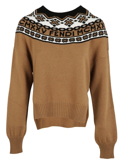 Shop Fendi Embroidered Knitted Sweater In Camello