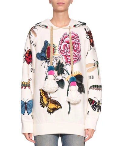 Shop Gucci Embroidered Wool Hooded Sweatshirt In Bianco