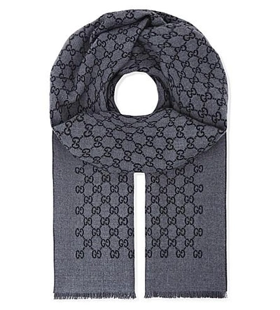 Shop Gucci Logo Wool Scarf In Black Grey