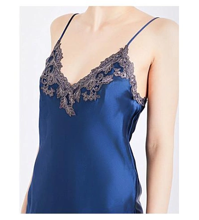 Shop La Perla Maison Embroidered Silk-satin Camisole In Dark Blue