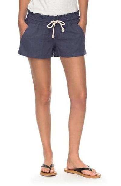 Shop Roxy 'oceanside' Linen Blend Shorts In Nightshadow Blue