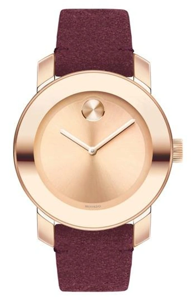 Shop Movado Bold Iconic Suede Strap Watch, 36mm In Burgundy/ Rose Gold
