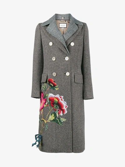 Shop Gucci Sequin Embroidered Wool Coat In Brown