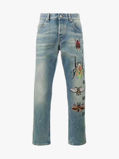 Shop Gucci Tapered Jeans With Insect Embroidery In Blue