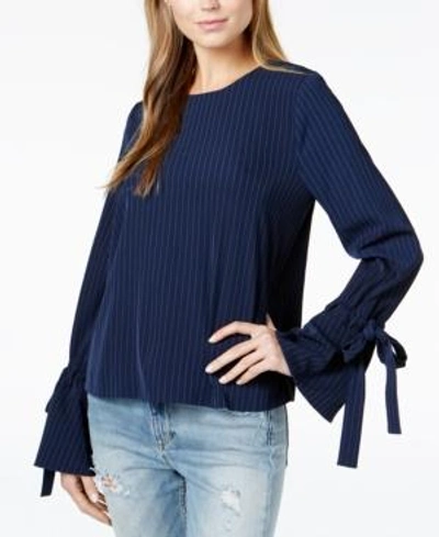 Shop Joa Striped Bell-sleeve Top In Navy