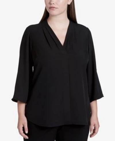 Shop Calvin Klein Plus Size Pleated-neck Blouse In Black