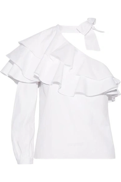 Shop Veronica Beard Gigi One-shoulder Ruffled Stretch-cotton Poplin Top In White