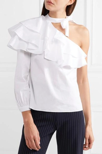 Shop Veronica Beard Gigi One-shoulder Ruffled Stretch-cotton Poplin Top In White