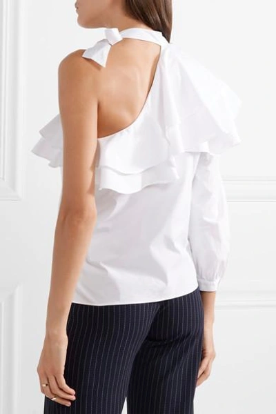 Shop Veronica Beard Gigi One-shoulder Ruffled Stretch-cotton Poplin Top In White