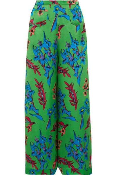 Shop Etro Floral-print Hammered Silk-satin Wide-leg Pants In Green
