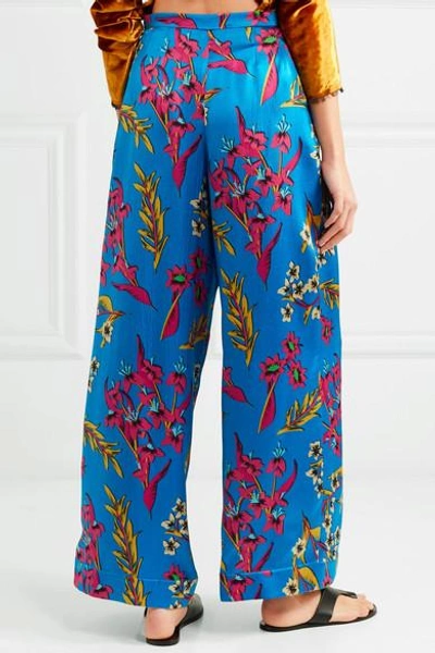 Shop Etro Floral-print Hammered Silk-satin Wide-leg Pants In Blue