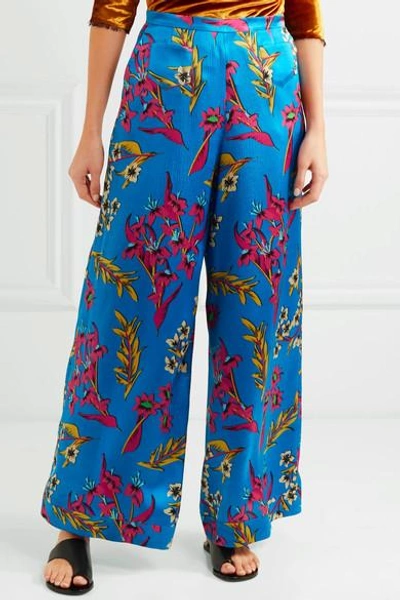 Shop Etro Floral-print Hammered Silk-satin Wide-leg Pants In Blue