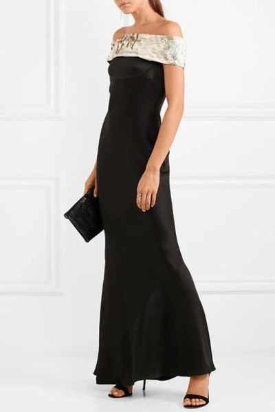 Shop Giorgio Armani Embellished Off-the-shoulder Silk-blend Satin Gown In Black
