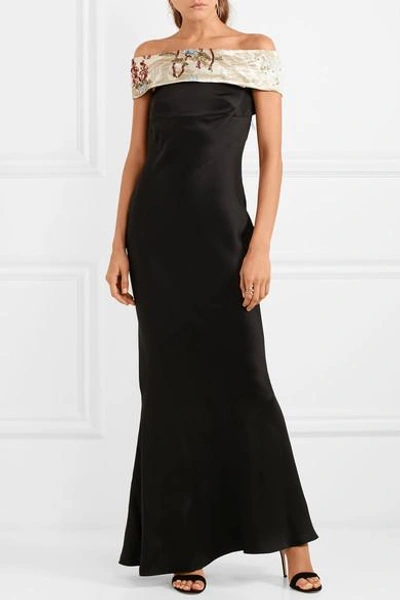 Shop Giorgio Armani Embellished Off-the-shoulder Silk-blend Satin Gown In Black