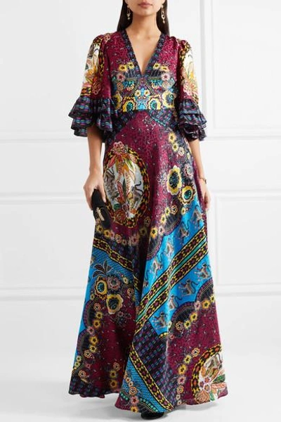 Shop Etro Ruffled Silk-jacquard And Printed Crepe De Chine Maxi Dress In Red