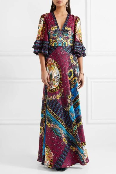 Shop Etro Ruffled Silk-jacquard And Printed Crepe De Chine Maxi Dress In Red