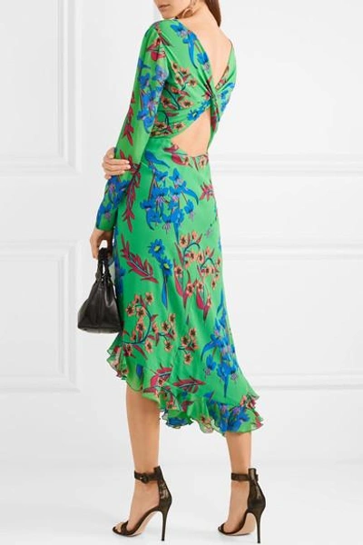 Shop Etro Twist-back Ruffled Asymmetric Floral-print Silk-crepon Midi Dress In Green