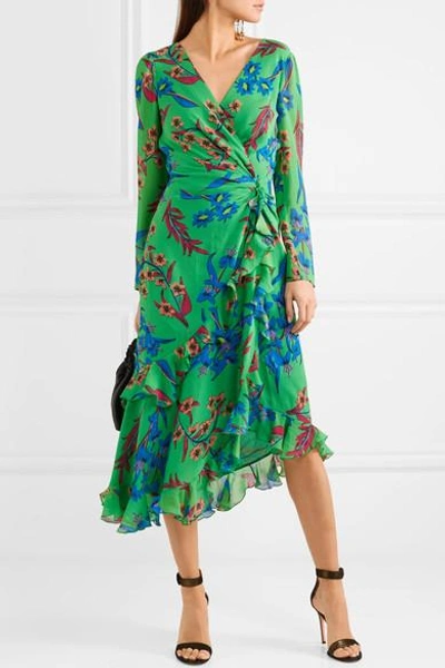 Shop Etro Twist-back Ruffled Asymmetric Floral-print Silk-crepon Midi Dress In Green