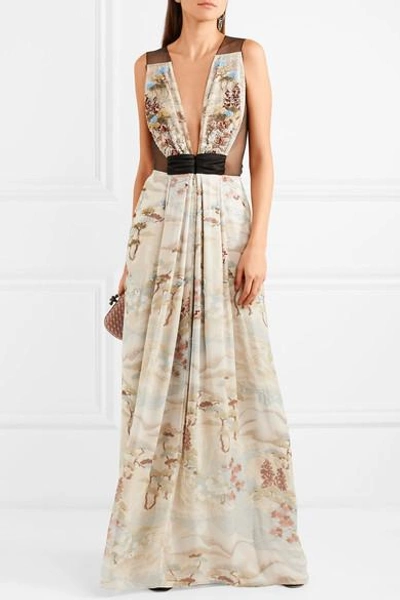 Shop Giorgio Armani Embellished Tulle And Silk-organza Gown In Beige