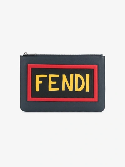 Shop Fendi Leather Pouch With Logo In Blue
