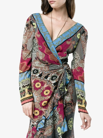 Shop Etro Deep-v Printed Wrap Dress In Brown